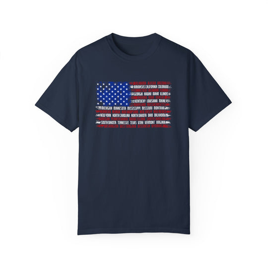 A relaxed fit State Flag Tee crafted from 100% ring-spun cotton. Garment-dyed for extra coziness, featuring double-needle stitching for durability. Perfect for daily wear.
