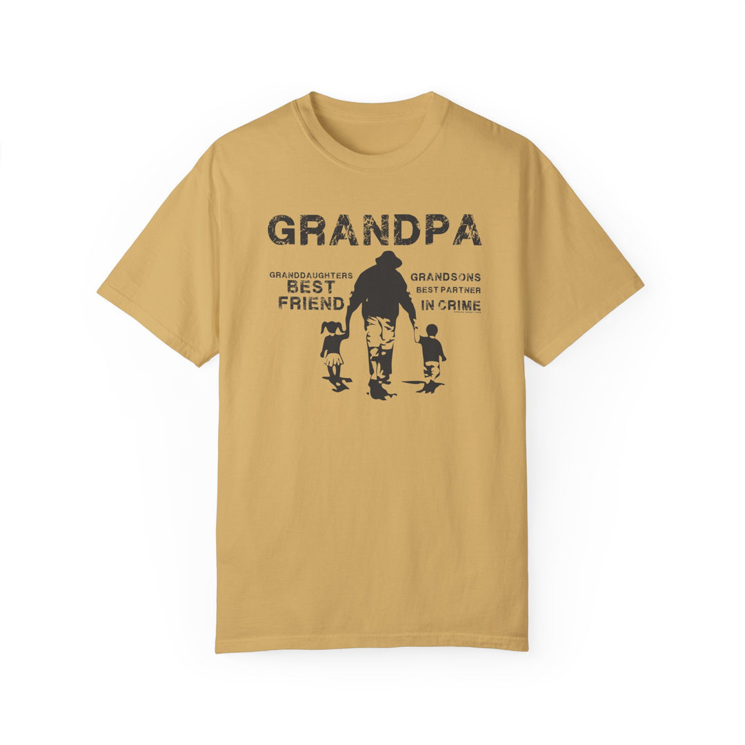 Grandpa and Grandkids Tee: Tan shirt with black text featuring a man and child. 100% ring-spun cotton, garment-dyed for coziness. Relaxed fit, durable double-needle stitching, seamless design. From Worlds Worst Tees.