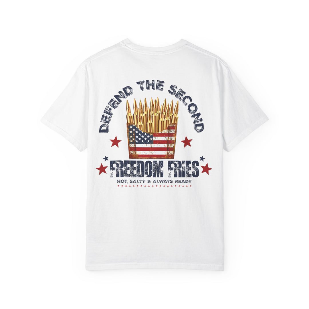 Defend the 2nd Tee, a customizable, garment-dyed t-shirt made from 100% ring-spun cotton, featuring a relaxed fit and durable stitching.