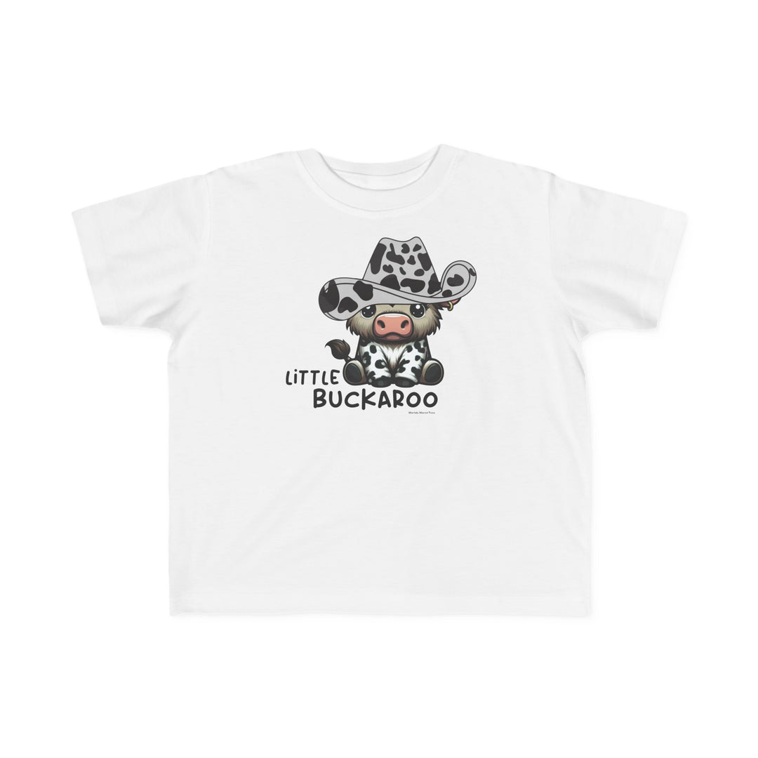 Buckaroo Toddler Tee: A white t-shirt featuring a cow in a cowboy hat, perfect for sensitive skin. 100% combed ringspun cotton, light fabric, tear-away label, classic fit. Sizes: 2T, 3T, 4T, 5-6T.