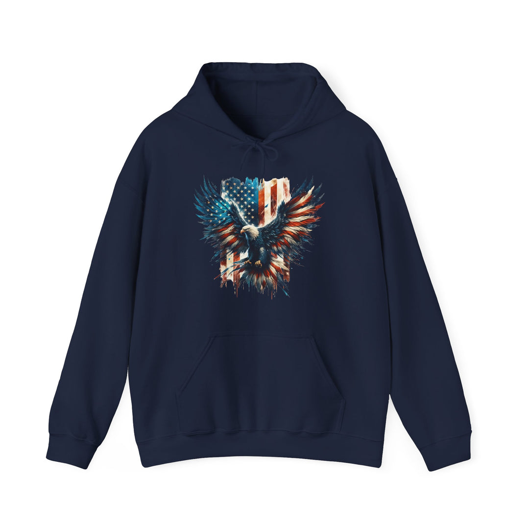 A blue American Eagle hoodie, a blend of cotton and polyester, featuring a front kangaroo pocket and drawstring hood. Medium-heavy fabric for warmth and comfort. Unisex sizing from S to 5XL.