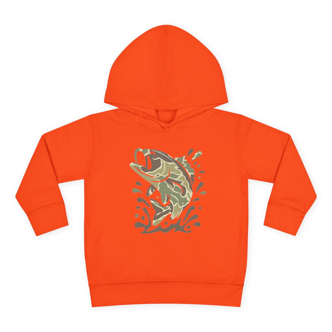 Camo Fish Toddler Hoodie: Bright orange kids' hoodie featuring a camo-style leaping fish graphic with water accents, designed for comfort with side-seam pockets and durable stitching.