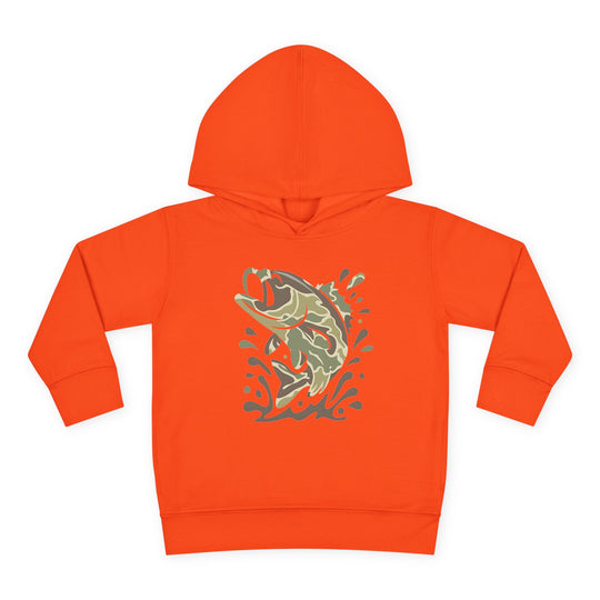 Camo Fish Toddler Hoodie: Bright orange kids' hoodie featuring a camo-style leaping fish graphic with water accents, designed for comfort with side-seam pockets and durable stitching.