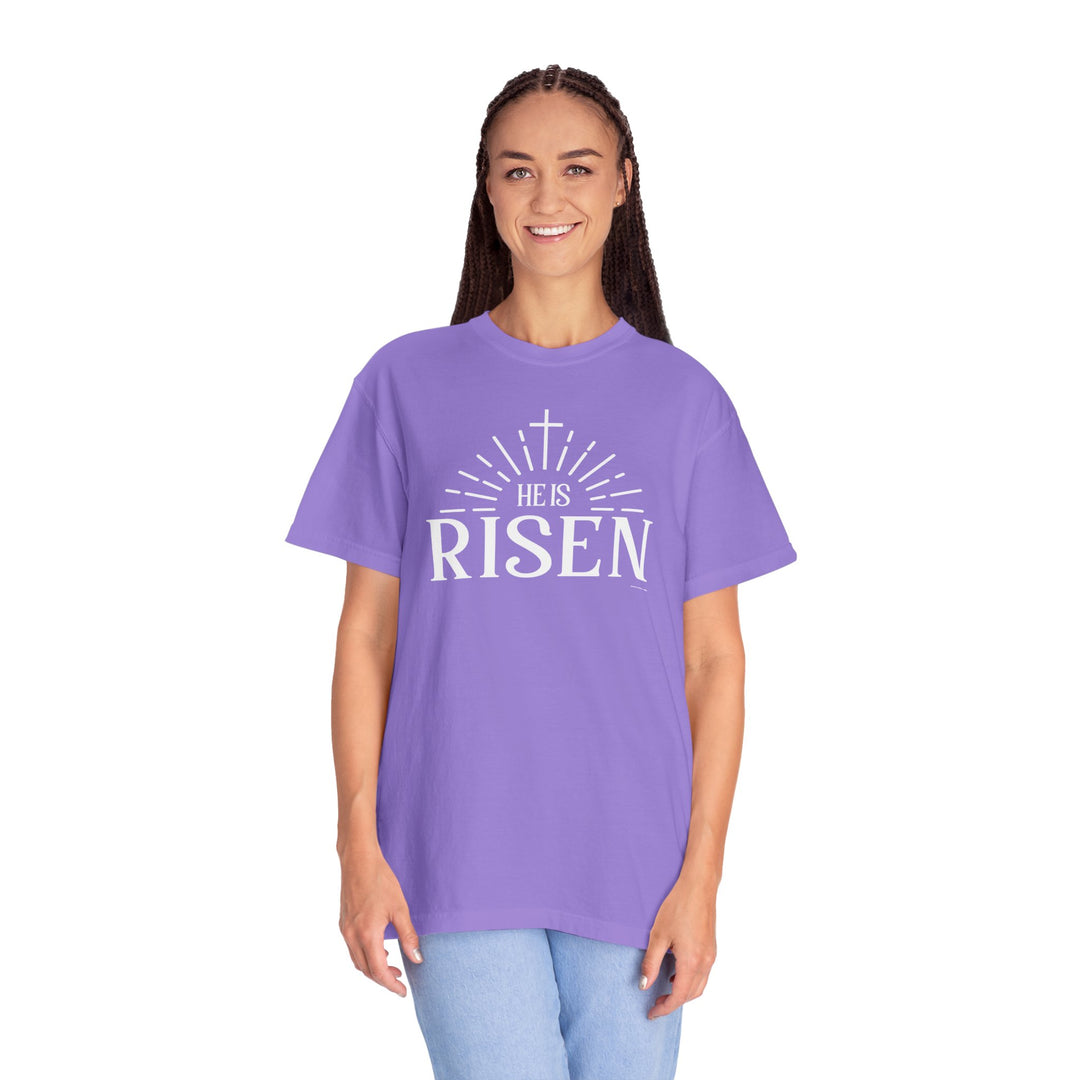 A relaxed fit He is Risen Tee, crafted from 100% ring-spun cotton for coziness. Garment-dyed with double-needle stitching for durability and a tubular shape. Ideal for daily wear.