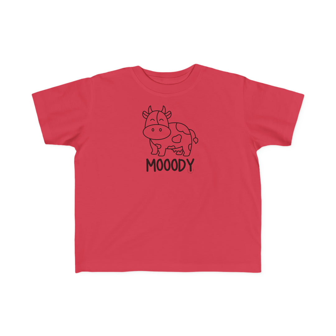Moody Toddler Tee featuring a cow print on red fabric. Soft and durable for sensitive skin, made of 100% combed ringspun cotton. Ideal for toddlers' first adventures.