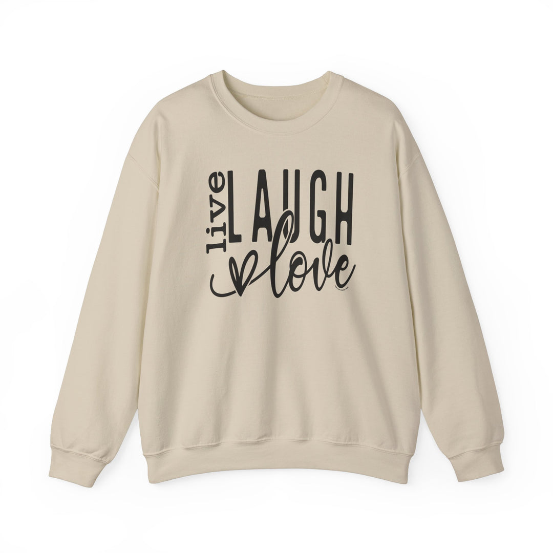 A unisex heavy blend crewneck sweatshirt, Live Laugh Love Crew, in white with black text. Comfortable, ribbed knit collar, no itchy side seams. 50% Cotton 50% Polyester, medium-heavy fabric, loose fit.