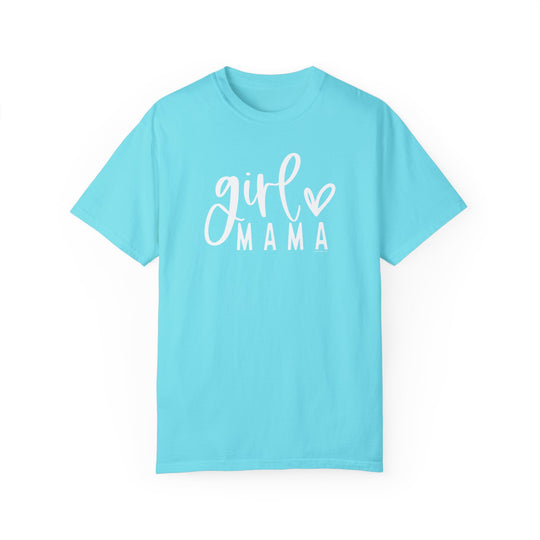 A relaxed fit Girl Mama Tee in blue with white text. 100% ring-spun cotton, garment-dyed for coziness. Double-needle stitching for durability, no side-seams for shape retention. Ideal for daily wear.
