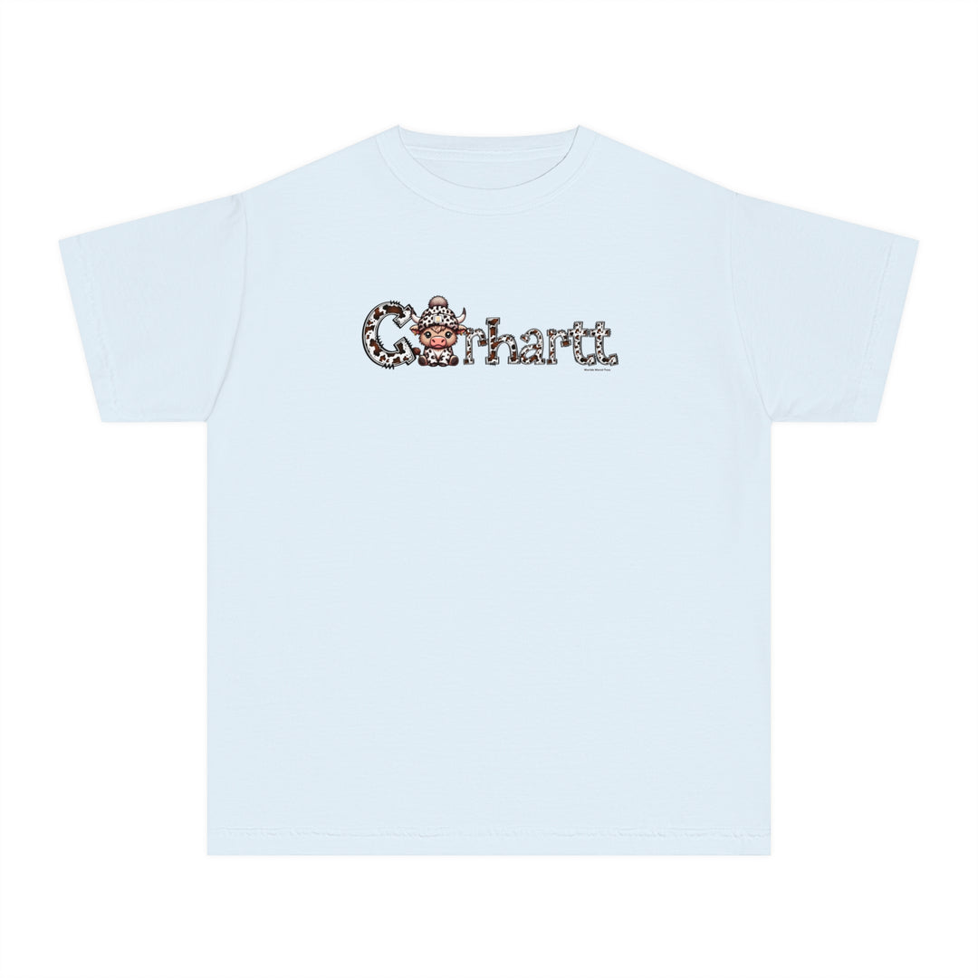 A white Cowhartt Cow Kids Tee featuring a cartoon cow with a hat and horns. Made of 100% combed ringspun cotton for comfort and agility. Perfect for active kids. Classic fit, soft-washed, and garment-dyed.