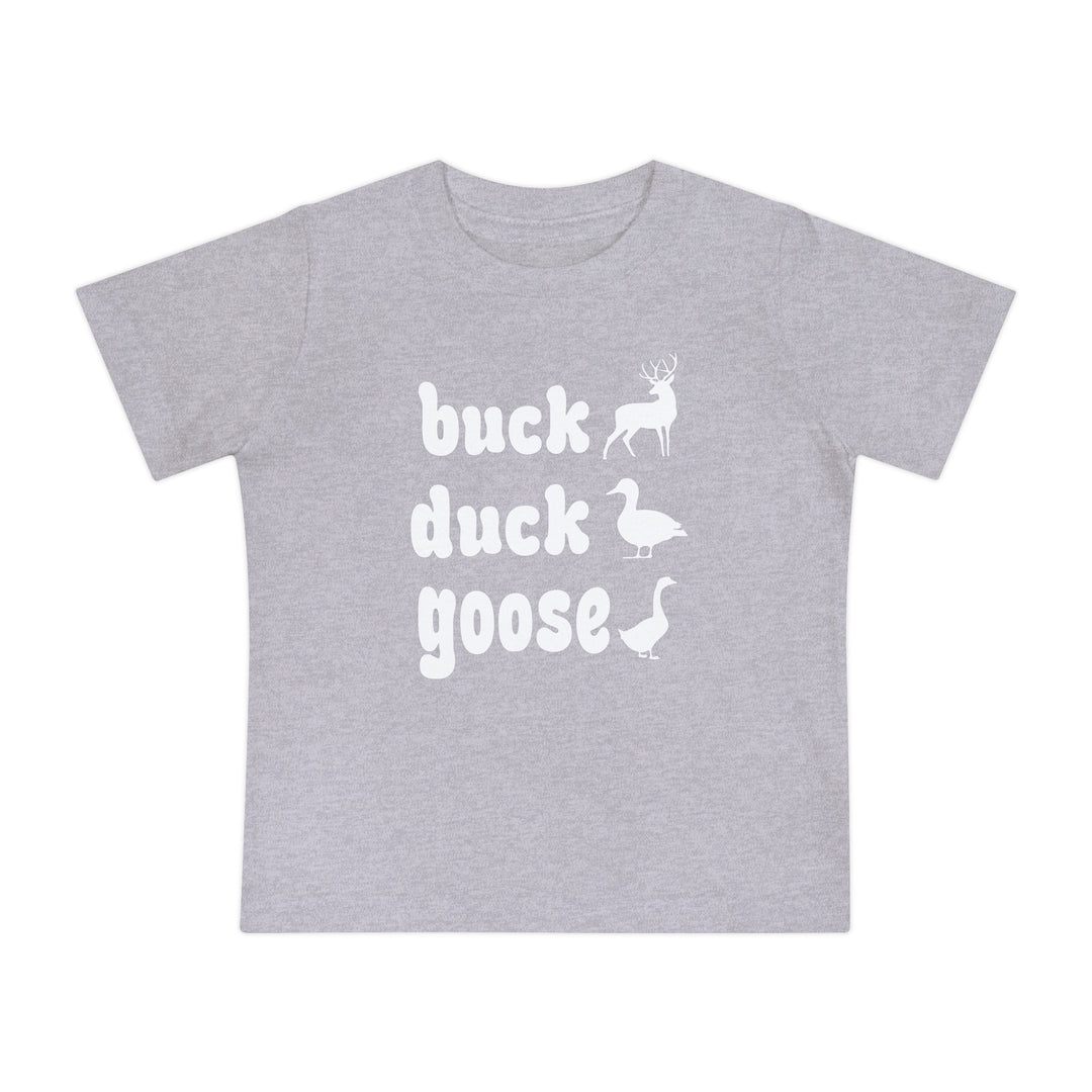 Buck, Duck, Goose Baby Tee: Light gray T-shirt featuring buck, duck, goose with corresponding white silhouettes, designed for comfort and durability in baby sizes.