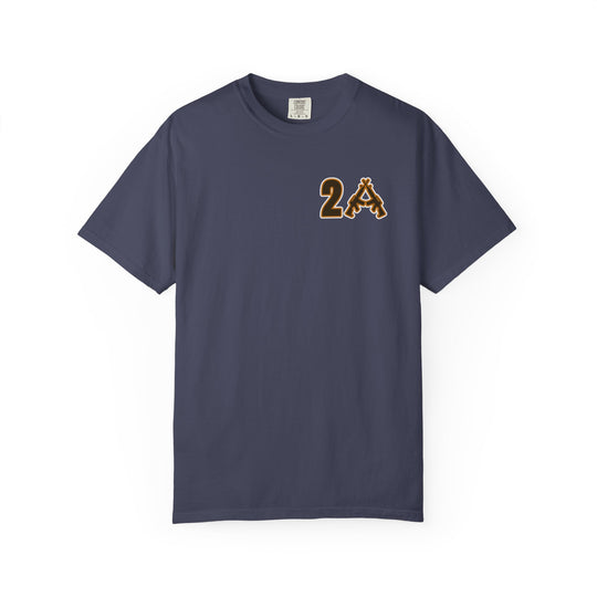 Navy crew-neck 2A Tee featuring a small graphic with block numeral 2 and crossed rifles forming A on the left chest, laid flat.