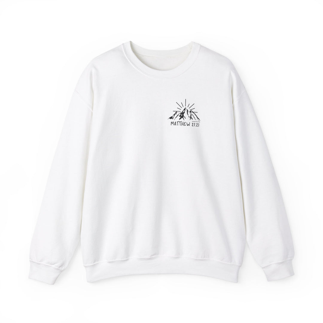 A unisex heavy blend crewneck sweatshirt featuring a logo of mountains and sun. Made from 50% cotton and 50% polyester, with ribbed knit collar and double-needle stitching for durability. Ideal for colder months.