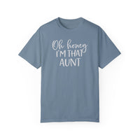 Aunt-themed tee in blue with white text. 100% ring-spun cotton, garment-dyed for coziness. Relaxed fit, durable double-needle stitching, no side-seams for tubular shape.
