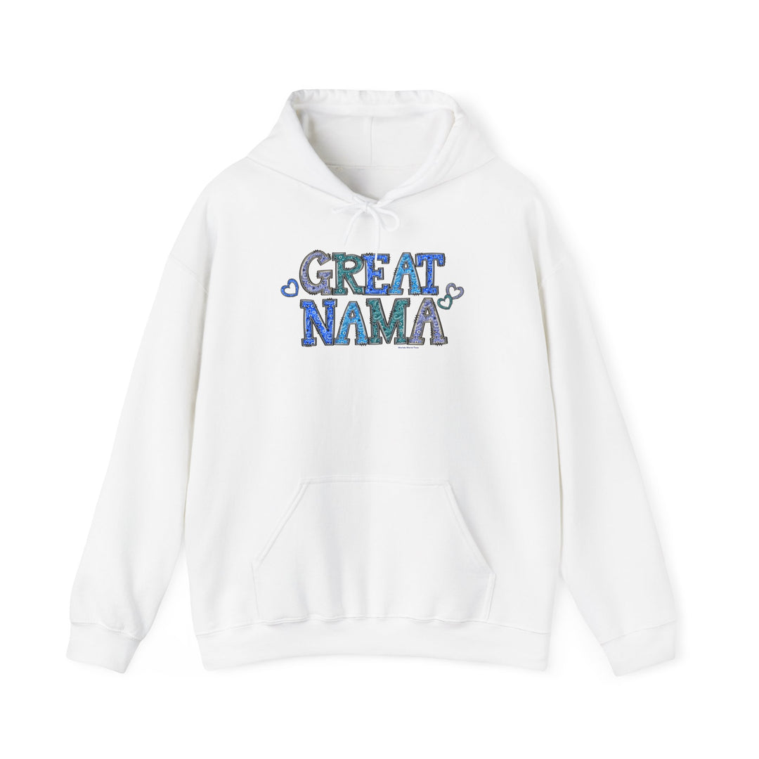 Great Nama Hoodie: White sweatshirt with blue text, kangaroo pocket, and drawstring hood. Unisex heavy blend for warmth and comfort. Perfect for cold days. Classic fit, tear-away label. Sizes S-5XL.