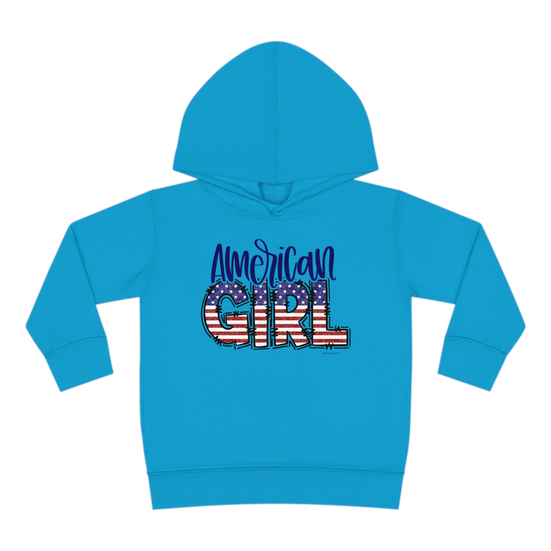 American Girl Toddler Hoodie with durable design, jersey-lined hood, cover-stitched details, and side seam pockets for coziness. 60% cotton, 40% polyester blend. Sizes: 2T, 4T, 5-6T. Medium fabric.