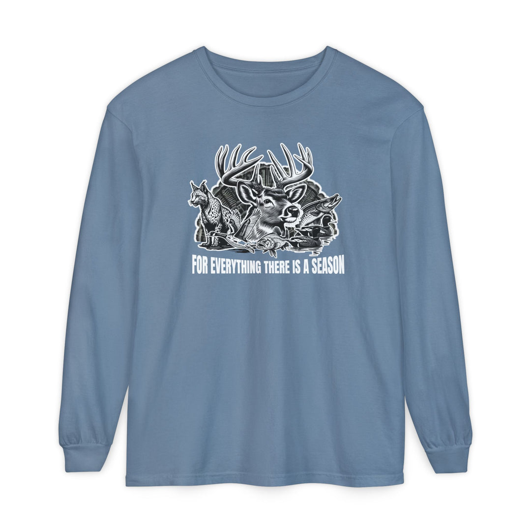 For Everything There is a Season Long Sleeve Tee featuring a deer, fox, and fish graphic, made of soft ring-spun cotton for a relaxed, comfortable fit.