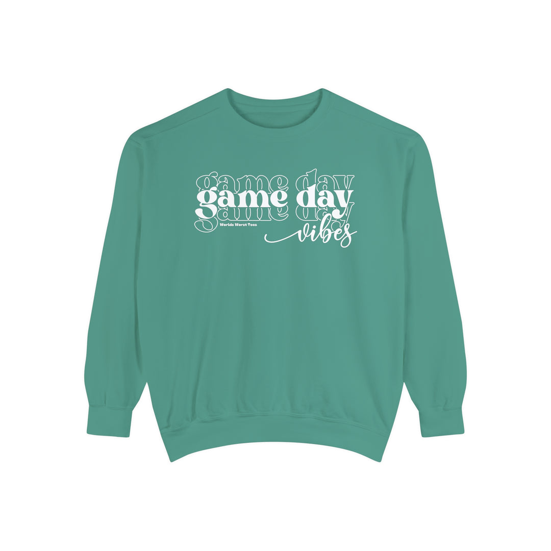Unisex Game Day Vibes Crew sweatshirt in green with white text. Made of 80% ring-spun cotton and 20% polyester, featuring a relaxed fit and rolled-forward shoulder. From Worlds Worst Tees.