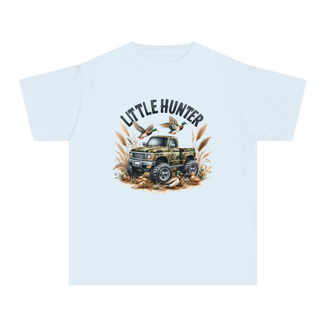 Little Hunter Kids Tee: White shirt with a truck and ducks print. 100% combed ringspun cotton, soft-washed, and garment-dyed. Perfect for active kids. Classic fit, sew-in twill label.