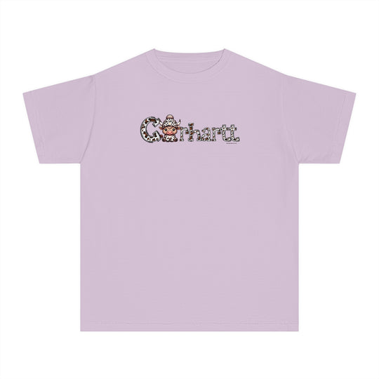 Cowhartt Cow Kids Tee: A purple t-shirt featuring a cartoon cow with horns and a hat. Made of 100% combed ringspun cotton for comfort and agility, perfect for active kids. Classic fit, light fabric, and sew-in twill label.