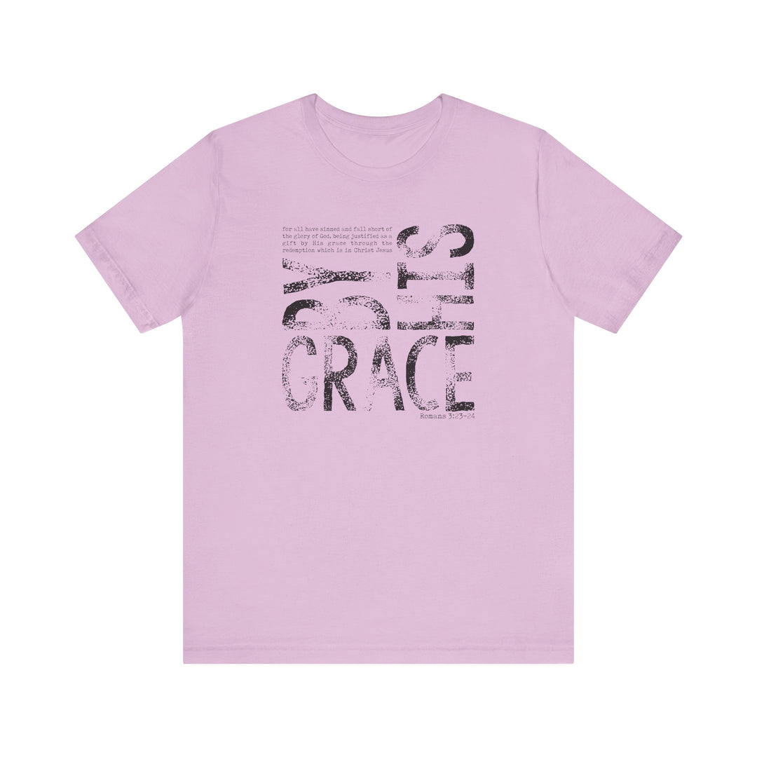 By His Grace Tee: Unisex jersey short sleeve, soft cotton, ribbed knit collar, taping on shoulders, dual side seams to maintain shape, retail fit.