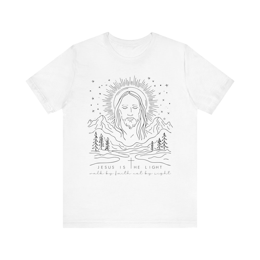 Jesus is the Light Tee, a classic unisex jersey with a crew neckline, ribbed knit collars, and tapered shoulders, designed for comfort and durability.