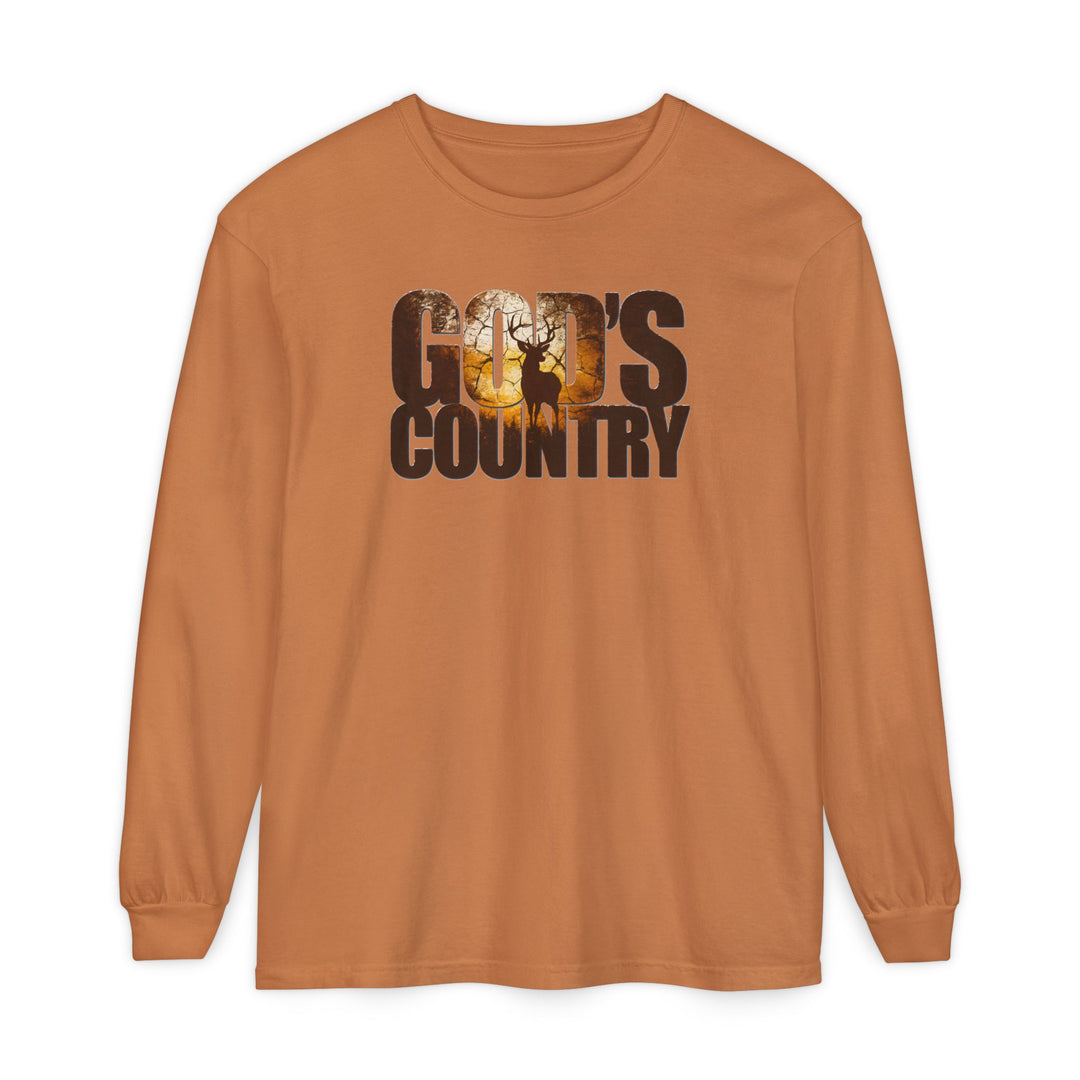 God's Country Long Sleeve Tee featuring a distressed sunset graphic with a deer silhouette and GOD'S COUNTRY text, crafted from 100% ring-spun cotton for comfort.