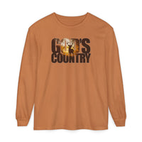 God's Country Long Sleeve Tee featuring a distressed sunset graphic with a deer silhouette and GOD'S COUNTRY text, crafted from 100% ring-spun cotton for comfort.