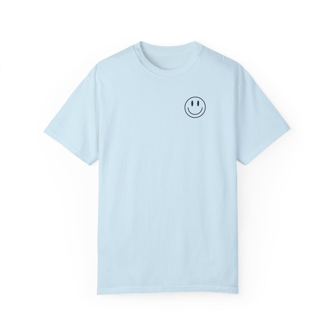 Relaxed fit God Day to Have a Good Day tee in light blue, white, and black smiley face design. 100% ring-spun cotton, medium weight, durable double-needle stitching, seamless sides for tubular shape.