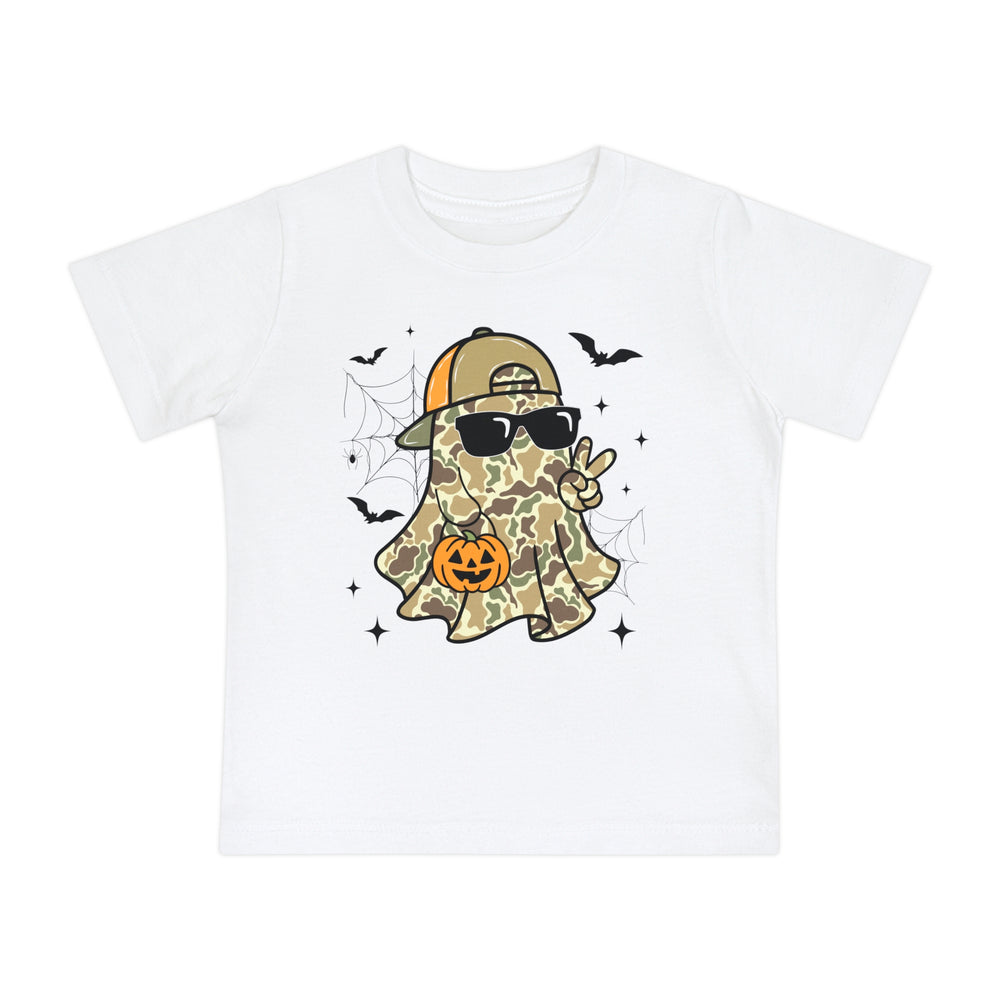 Candy Ghost Baby Tee featuring a cartoon ghost in camouflage, cap, and sunglasses, with bats and a treat bucket, offering a playful Halloween design on a soft, durable shirt.