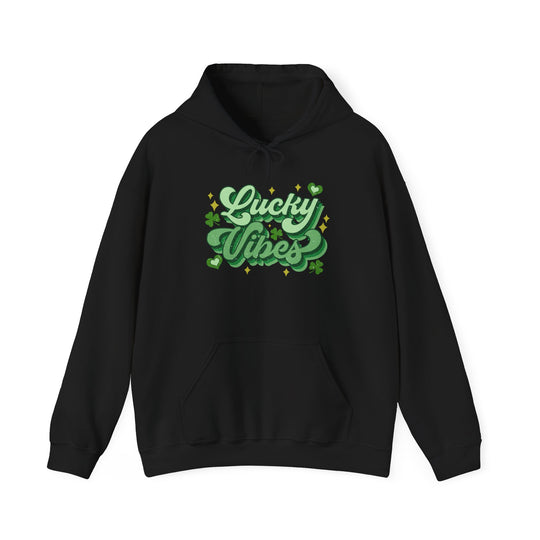 Good Day Lucky Day Hoodie: Black hoodie featuring green text, kangaroo pocket, and matching drawstring, offering a plush, warm experience with a cotton-polyester blend.