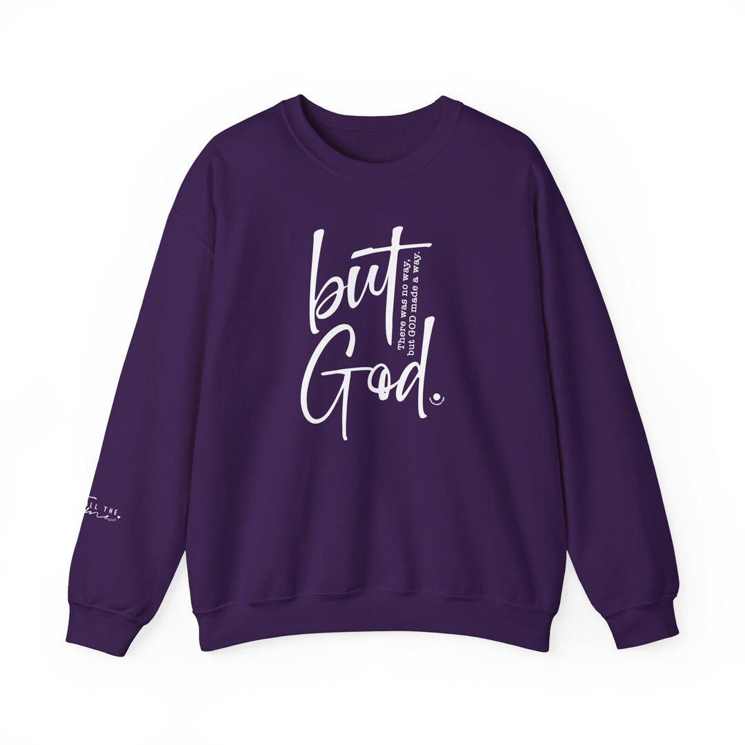 A unisex heavy blend crewneck sweatshirt, the But God Crew, offers comfort and durability. Made from 50% cotton and 50% polyester, featuring ribbed knit collar and double-needle stitching for a cozy and stylish fit.