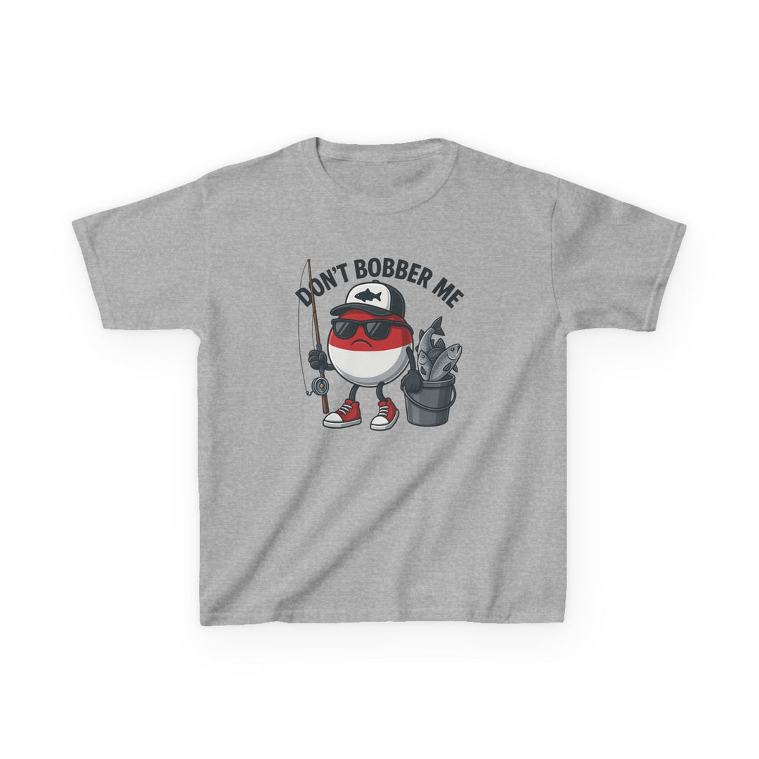 Don't Bobber Me Kids Tee features a cartoon fishing bobber character with sunglasses and a fishing rod, offering a fun, durable cotton shirt for kids.