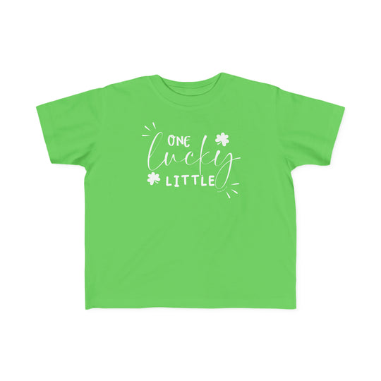 A toddler's tee, One Lucky Little Tee, in soft 100% combed ringspun cotton. Features a durable print, tear-away label, and classic fit. Sizes 2T to 5-6T available.