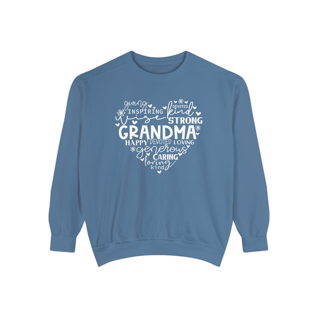 Unisex Grandma Crew sweatshirt in blue with white text. Made of 80% ring-spun cotton, 20% polyester. Features relaxed fit, rolled-forward shoulder, and back neck patch. Medium-heavy fabric.