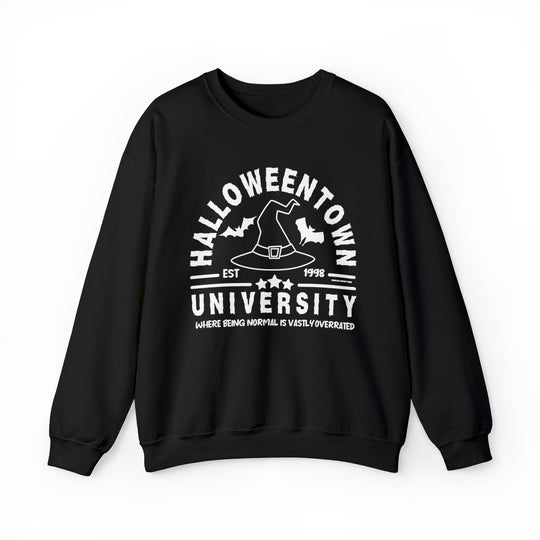 Unisex Halloweentown University Crew sweatshirt, a blend of comfort and style. Ribbed knit collar, no itchy seams, loose fit, and durable fabric. Perfect for casual wear. Dimensions: S-5XL.