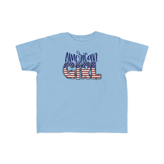 American Girl Toddler Tee with softness for sensitive skin. Durable print, 100% combed ringspun cotton, tear-away label. Sizes: 2T, 3T, 4T, 5-6T. Classic fit, light fabric.