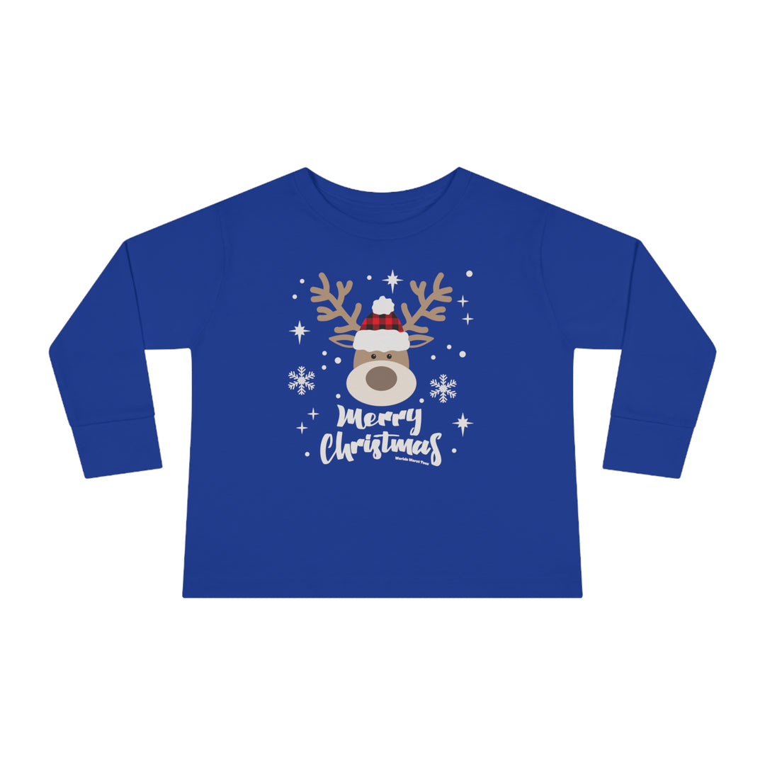 A custom toddler long-sleeve tee featuring a blue shirt with a deer and snowflakes design. Made from 100% combed ringspun cotton, with a ribbed collar and EasyTear™ label for comfort and durability.