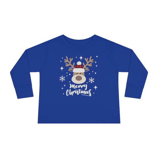 A custom toddler long-sleeve tee featuring a blue shirt with a deer and snowflakes design. Made from 100% combed ringspun cotton, with a ribbed collar and EasyTear™ label for comfort and durability.