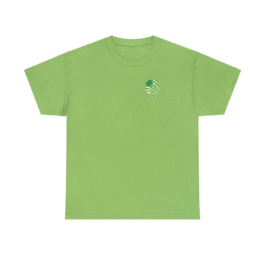 Unisex USA Clover Tee, a green shirt with a logo of a clover. Basic staple, no side seams for comfort, ribbed knit collar, 100% cotton, classic fit. Ideal for casual fashion.