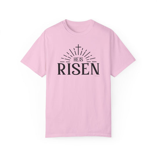 Relaxed fit He is Risen Tee, 100% ring-spun cotton. Garment-dyed for coziness, double-needle stitching for durability, tubular shape. Ideal for daily wear.