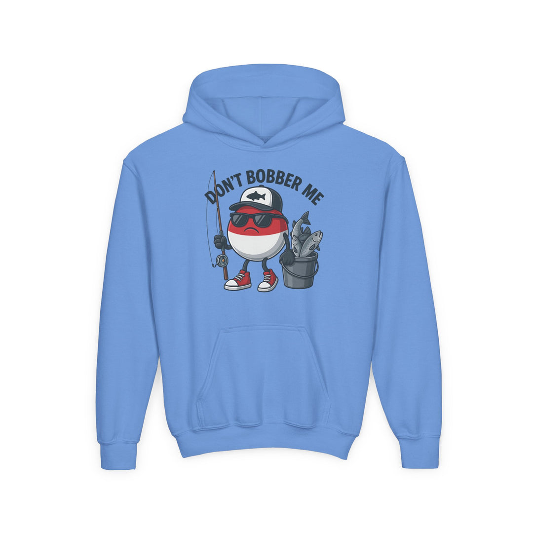 Don't Bobber Me Youth Hoodie featuring a playful fishing bobber character with a cap and slogan, crafted from soft, preshrunk fleece with a convenient kangaroo pocket.