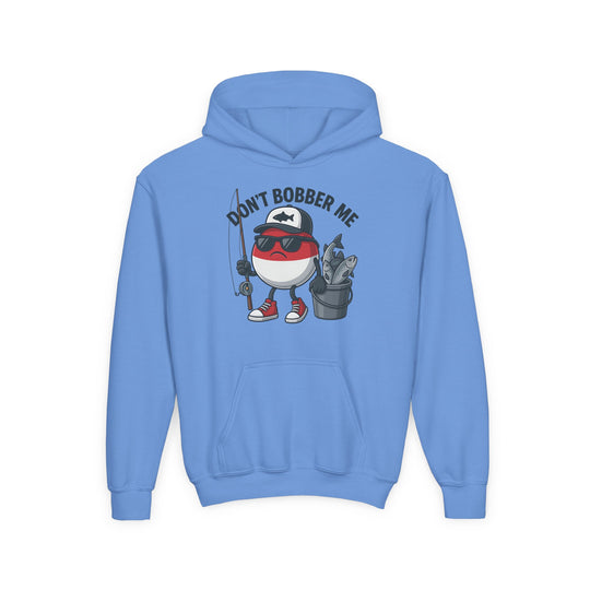 Don't Bobber Me Youth Hoodie featuring a playful fishing bobber character with a cap and slogan, crafted from soft, preshrunk fleece with a convenient kangaroo pocket.
