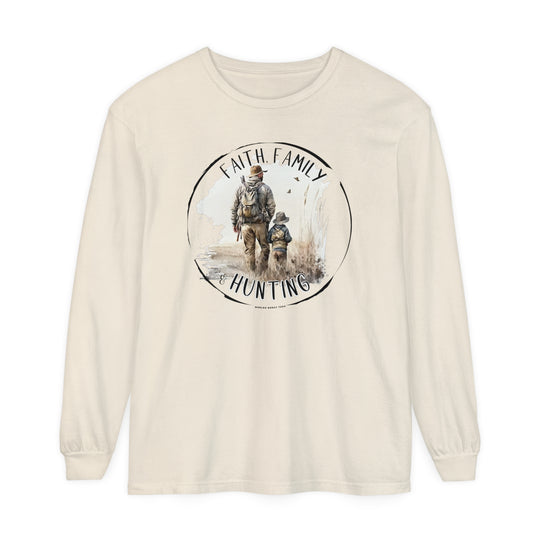 A white long-sleeve tee featuring a man and child walking in a field, embodying a love for hunting and family. Made of soft 100% ring-spun cotton with a classic fit for ultimate comfort.