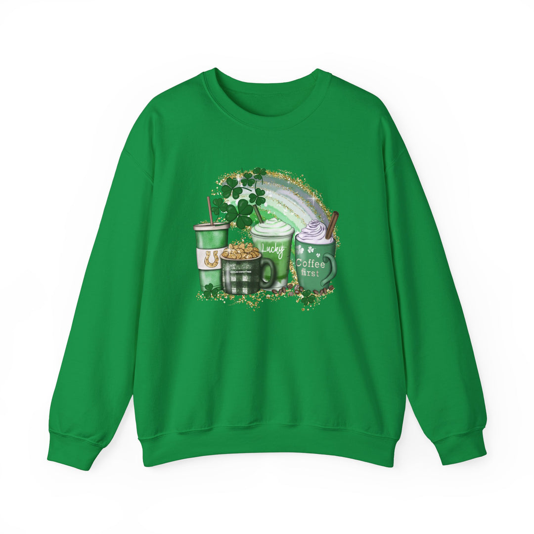 Lucky Coffee Crew unisex sweatshirt with shamrock and coffee design. Heavy blend fabric, ribbed knit collar, no itchy seams. 50% cotton, 50% polyester, loose fit, sewn-in label. Sizes S-5XL.
