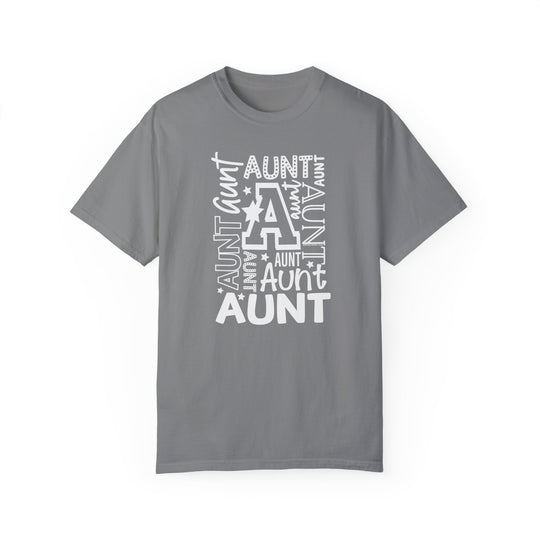 Aunt Tee: Grey t-shirt with white text. 100% ring-spun cotton, soft-washed, relaxed fit. Double-needle stitching, no side-seams for durability and shape retention. Medium weight, cozy wardrobe essential from Worlds Worst Tees.