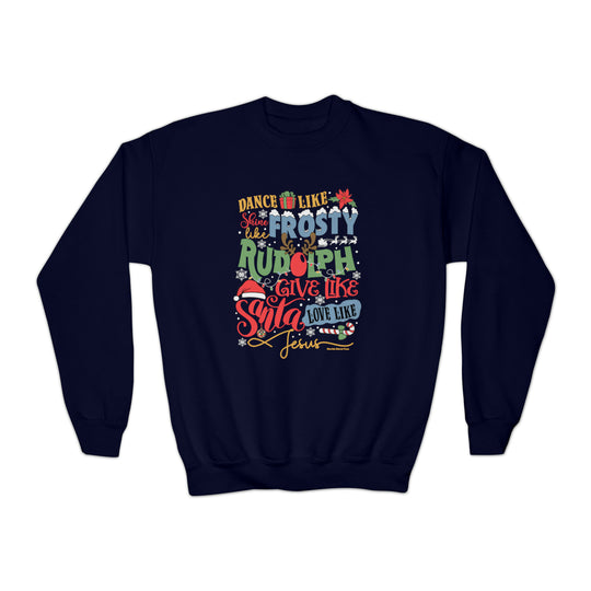 Youth crew sweatshirt featuring Frosty Rudolph Santa Jesus design. 50% cotton, 50% polyester blend, medium-heavy fabric for cozy warmth. Sizes XS to XL. Loose fit for comfort. Ideal for school, sports, and leisure.