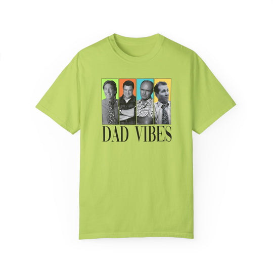 A relaxed fit Dad Vibes Tee, featuring a group of men on a green shirt. Made of 100% ring-spun cotton with double-needle stitching for durability and a cozy feel. Sizes range from S to 3XL.