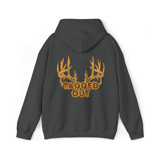 A grey hooded sweatshirt with a yellow antlers logo, a cozy blend of cotton and polyester, featuring a kangaroo pocket and drawstring hood. Classic fit, tear-away label, ideal for printing.