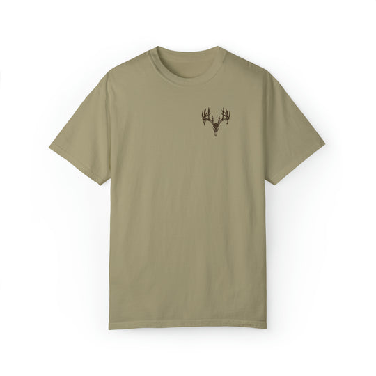 A tan t-shirt featuring a deer skull design, crafted with 80% ring-spun cotton and 20% polyester. Unisex, relaxed fit with rolled-forward shoulders for comfort. From Worlds Worst Tees, known for unique graphic t-shirts.