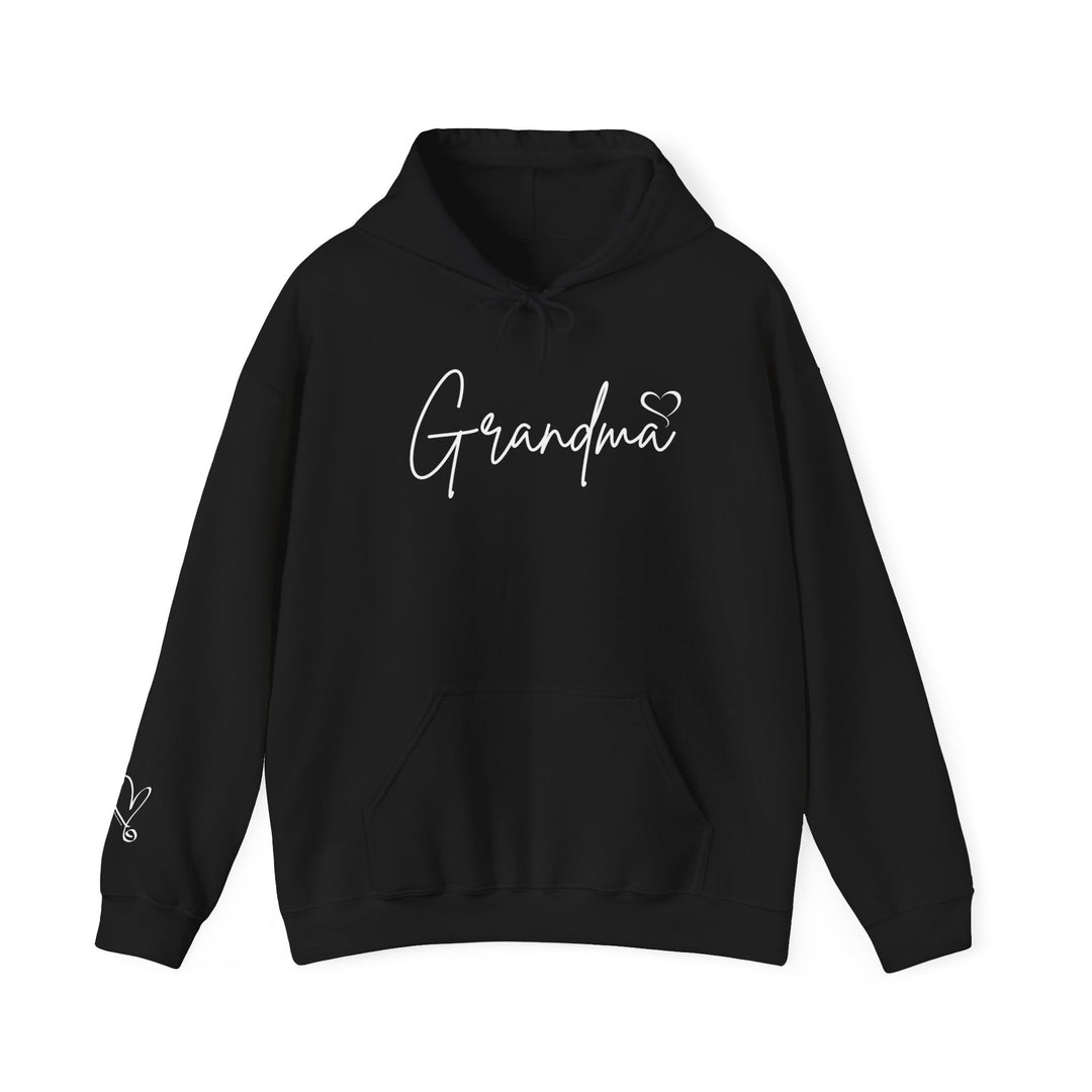 A black Grandma Love Hoodie with white text, featuring a kangaroo pocket and drawstring hood. Unisex, cotton-polyester blend for warmth and comfort. Medium-heavy fabric, tear-away label, classic fit.