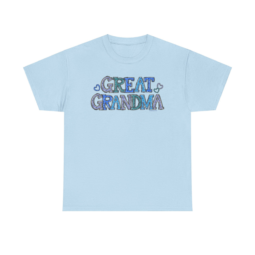Unisex heavy cotton tee, Great Grandma Tee, featuring text on light blue fabric. Seamless design, durable tape on shoulders, ribbed knit collar. Classic fit, 100% cotton. Sizes S-5XL.
